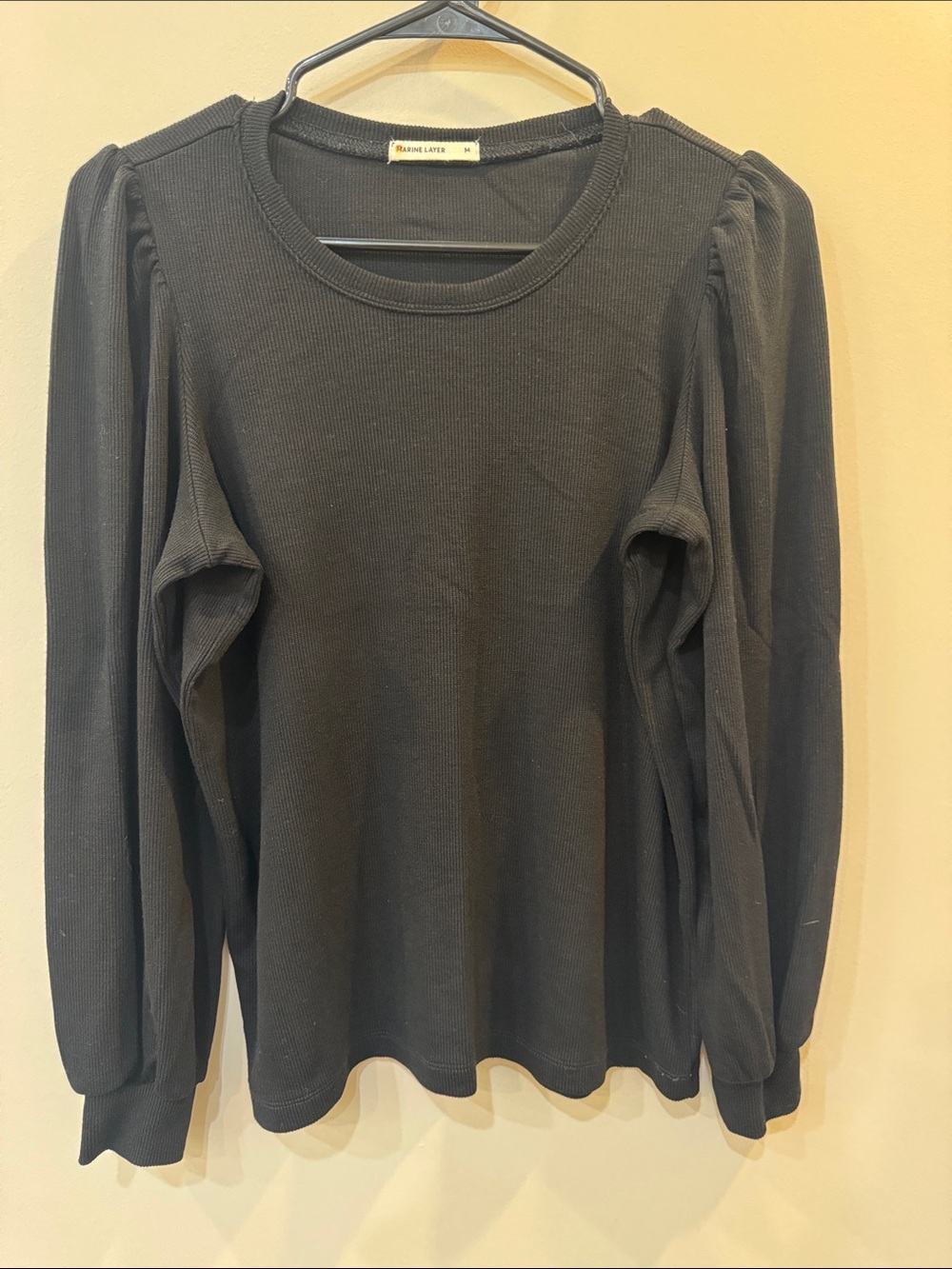 Marine Layer Black Ribbed Puff-Sleeve Long Sleeve Tee